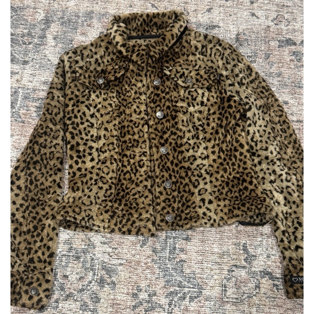XOXO Jeans Womens Medium Leopard Print Faux Fur Jacket Cropped Button Front Y2K